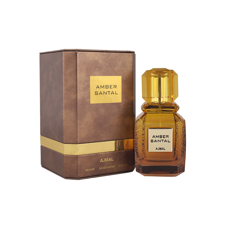 Ajmal Amber Santal Eau De Perfume bottle, 100ml, for men and women, with amber and sandalwood fragrance notes.