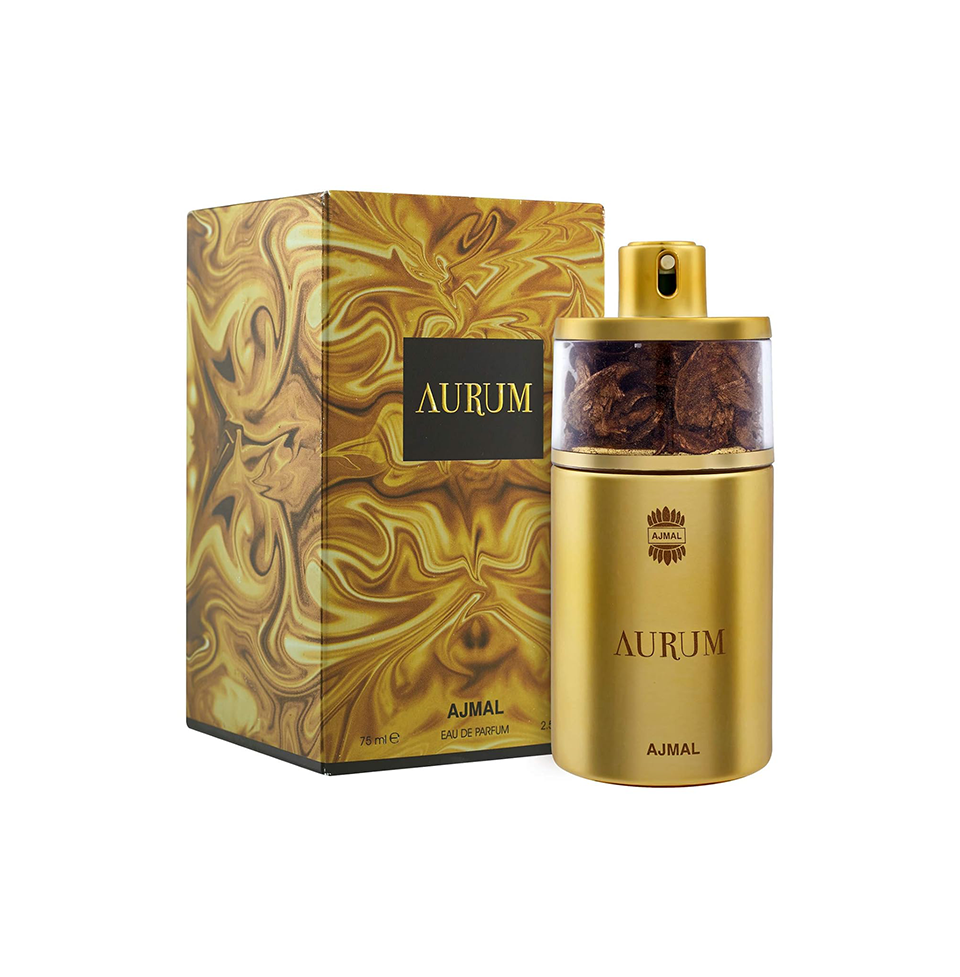Ajmal Aurum Eau de Parfum for women, elegant glass bottle with gold accents, showcasing the luxurious fragrance design.