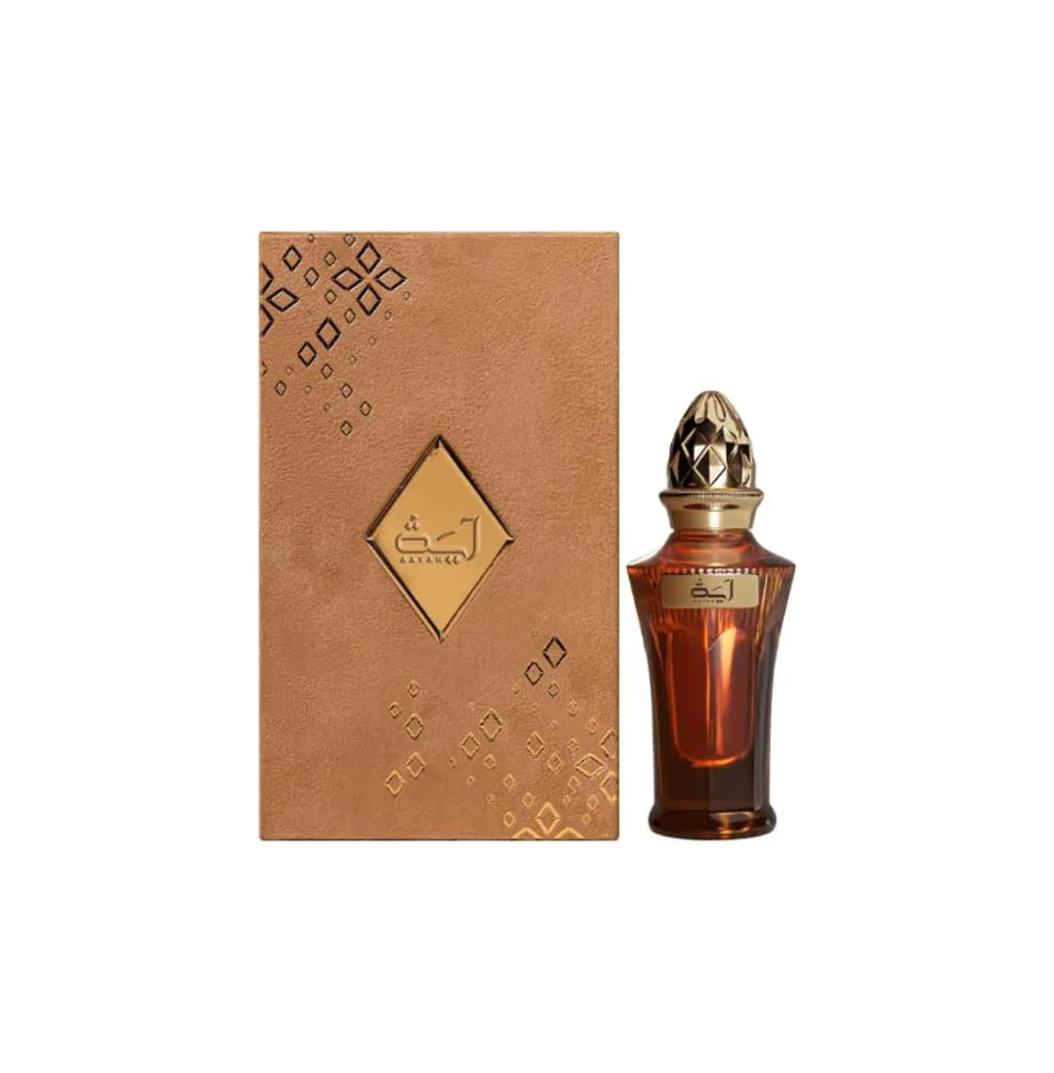Ahmed Al Maghribi Aayah Eau De Parfum 50ml for men, featuring a sleek bottle with elegant design and branding.