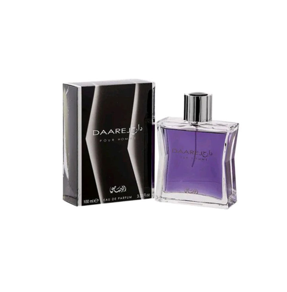 Rasasi Daarej Pour Homme Eau De Parfum 100ml bottle with sleek design and fragrance notes for men.