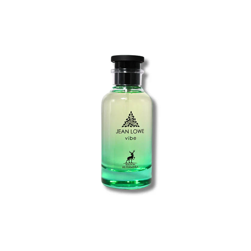 Maison Alhambra Jean Lowe Vibe Eau De Parfum 100ml for men and women, featuring sleek bottle design and elegant fragrance packaging.