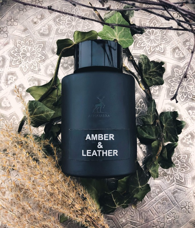 Alhambra Amber & Leather 100m perfume bottle with amber and leather scent notes, elegant packaging, and luxurious design.