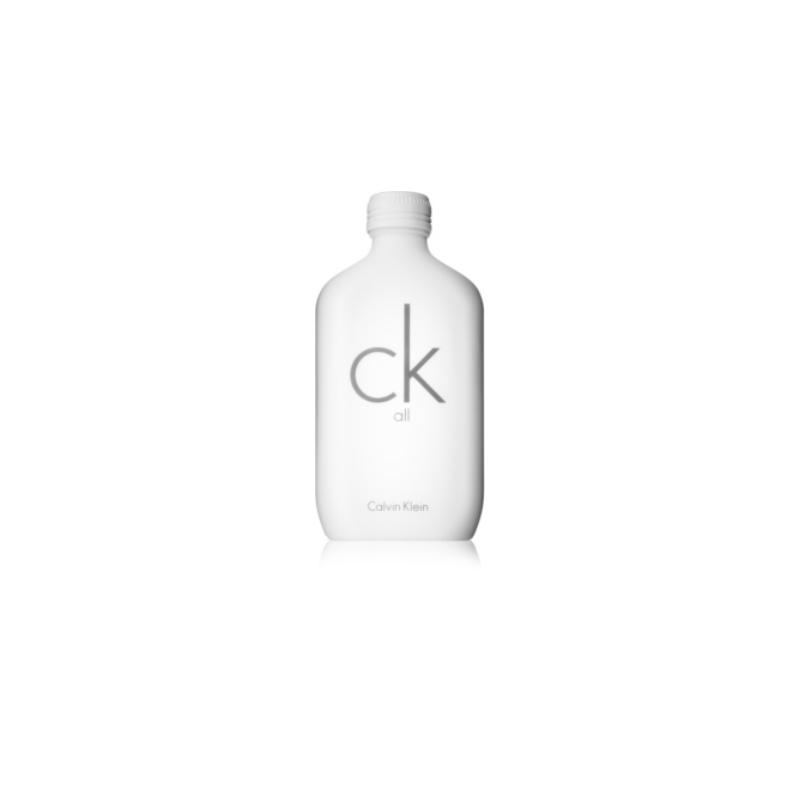 Calvin Klein CK All unisex Eau De Toilette bottle, 100ml, with sleek transparent design and minimalist label.
