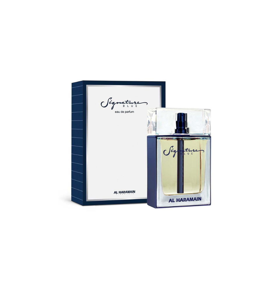 Al Haramain Signature Blue Eau de Parfum 100ml for men, featuring a sleek blue bottle and elegant packaging.