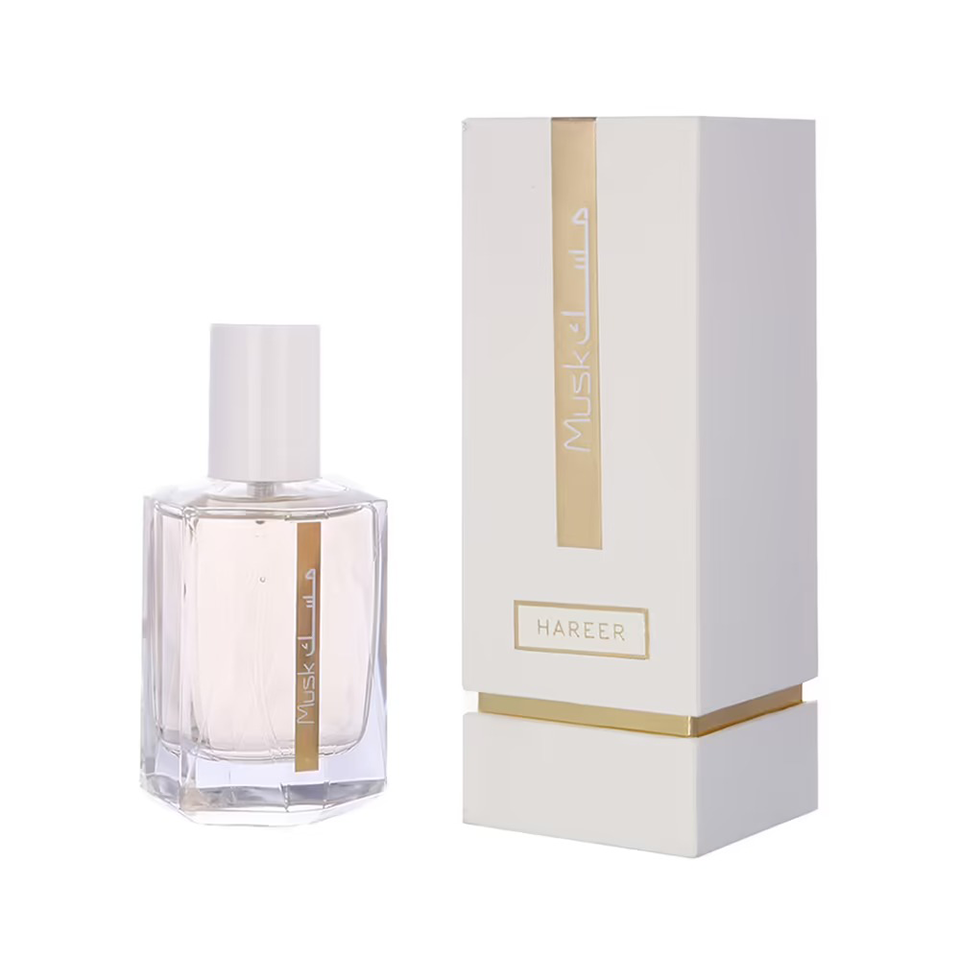 Rasasi Musk Hareer unisex Eau De Parfum bottle with white cap and elegant label, 50ml size, on a neutral background.