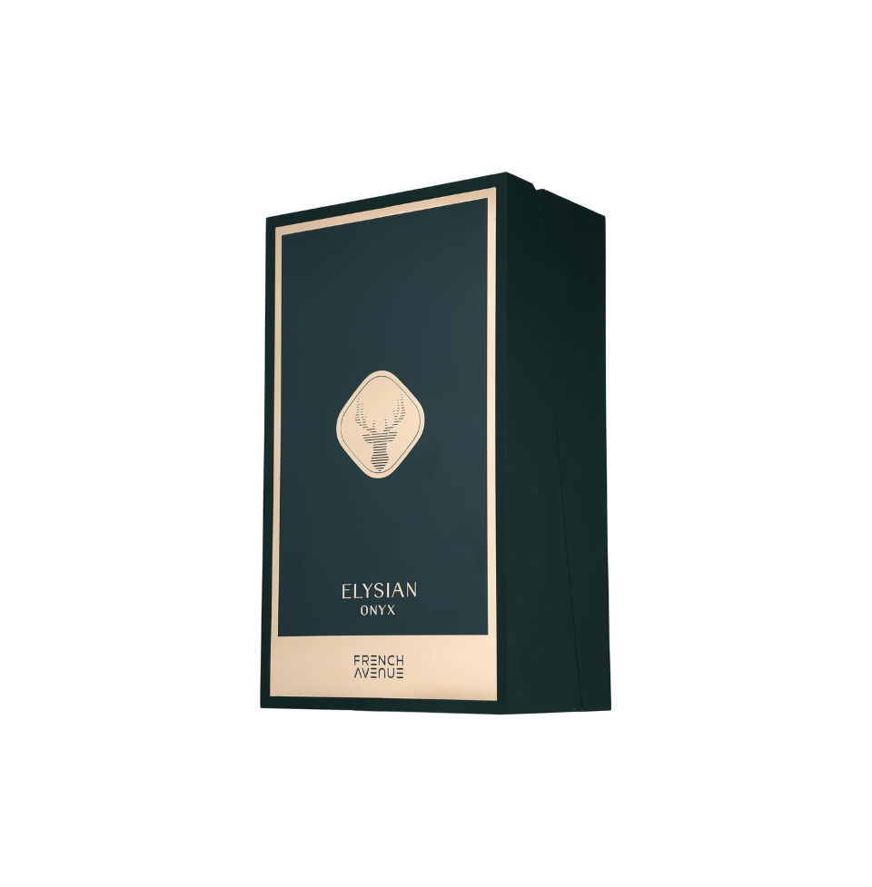 Fragrance World French Avenue Elysian Onyx Eau de Parfum for Men, 80ml bottle with elegant black and gold design.