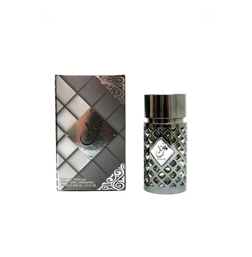 Ard Al Zaafaran Jazzab Silver perfume bottle for men and women, 100ml, elegant silver design, luxurious fragrance.