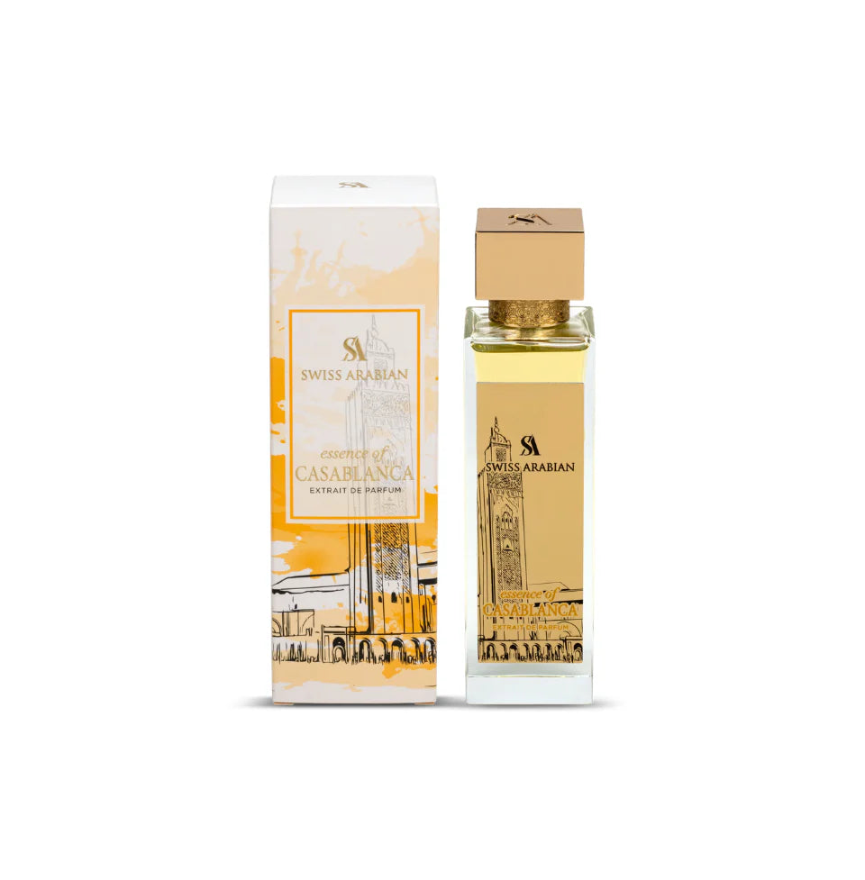 Swiss Arabian Essence of Casablanca parfum bottle, 100ml, for men and women, elegant glass container with floral and oriental scent hints.