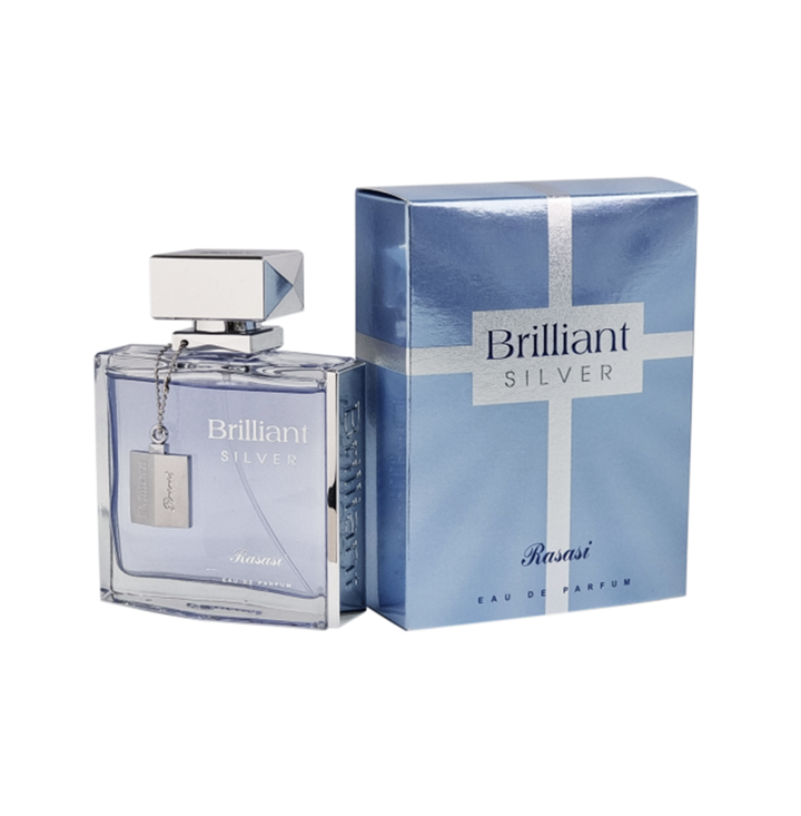 Rasasi Brilliant Silver Eau De Parfum 100ml for men, featuring a sleek silver bottle with elegant design elements.