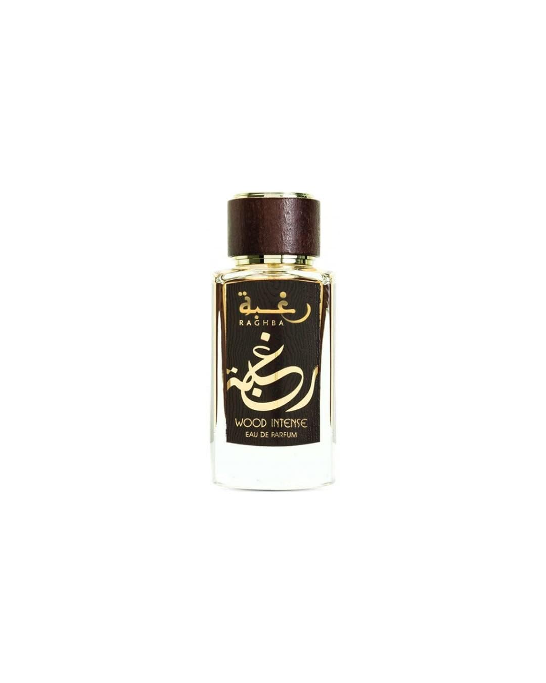Lattafa Raghba Wood Intense Eau de Parfum 100ml for men and women, featuring a sleek glass bottle with a black cap and elegant design.