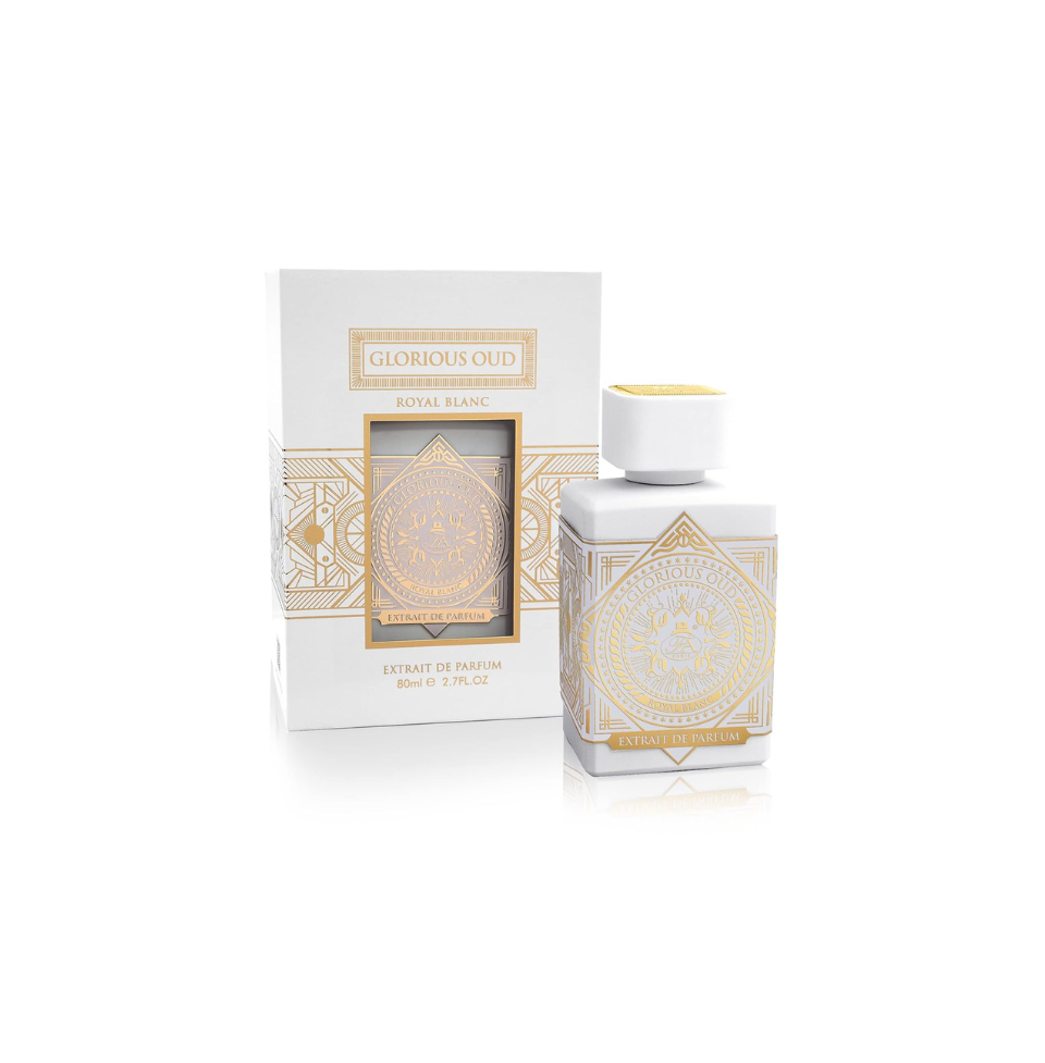 Fragrance World French Avenue Glorious Oud Royal Blanc extrait de parfum 80ml for men and women, featuring a luxurious fragrance bottle