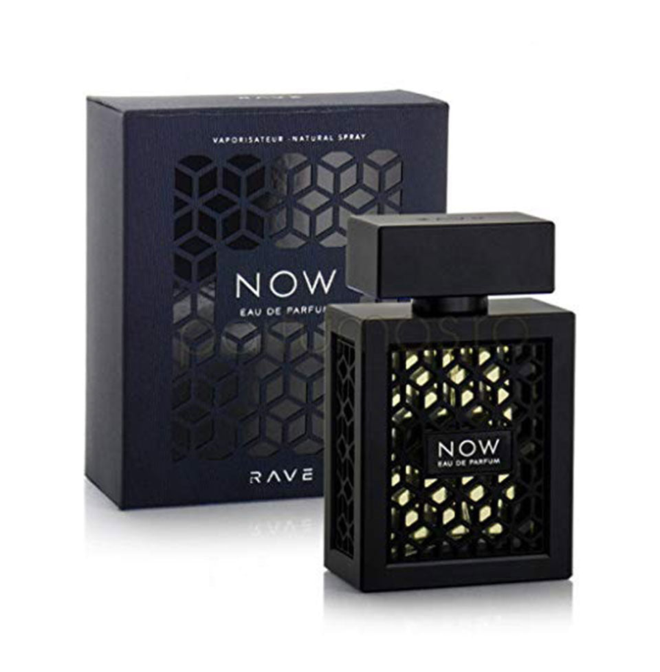 Lattafa Rave Now Eau De Parfum for Men, 100ml bottle with sleek design and dark-colored fragrance liquid.