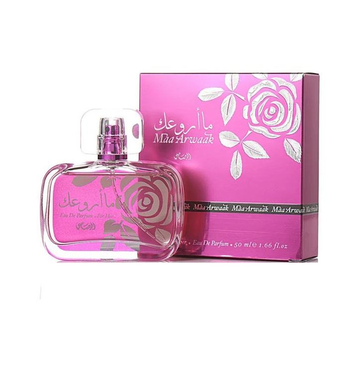 Rasasi Ma'a Arwaak for Her EDP 50ml perfume bottle with elegant design and floral accents on the cap.