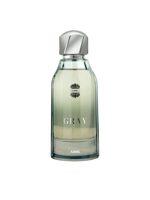 Ajmal Gray Eau De Parfum for men, 100ml bottle, aromatic fragrance, made in Dubai, stylish glass bottle with gray accents.
