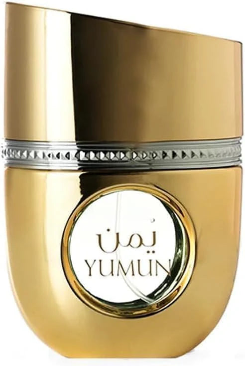 Arabiyat Prestige Yumun Eau de Parfum for women, 100ml bottle, elegant glass container with gold accents, floral perfume scent