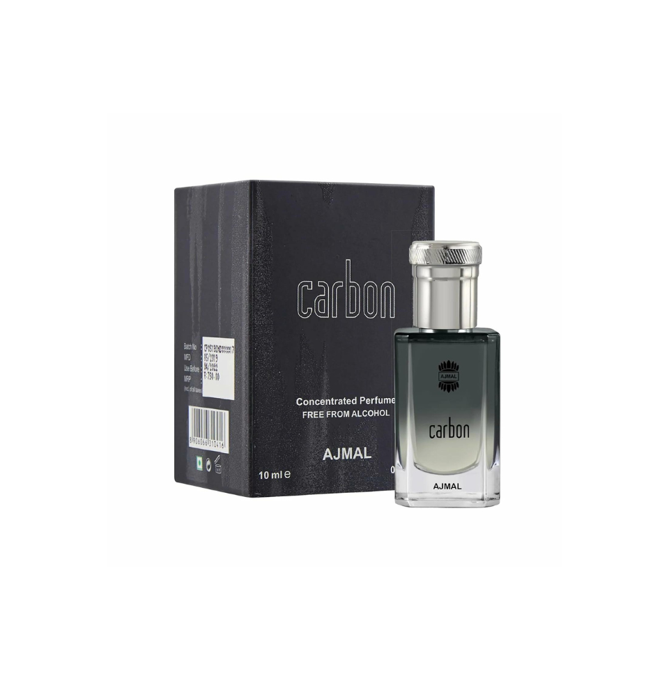 Ajmal Carbon concentrated perfume oil for men, showcasing a sleek bottle with dark-colored fragrance oil and modern branding.
