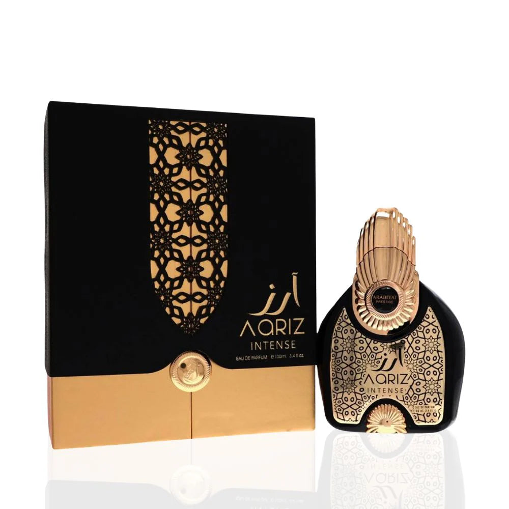 Arabiyat Prestige Aariz Intense Eau De Parfum 100ml bottle for men and women, with elegant fragrance design and clear branding.