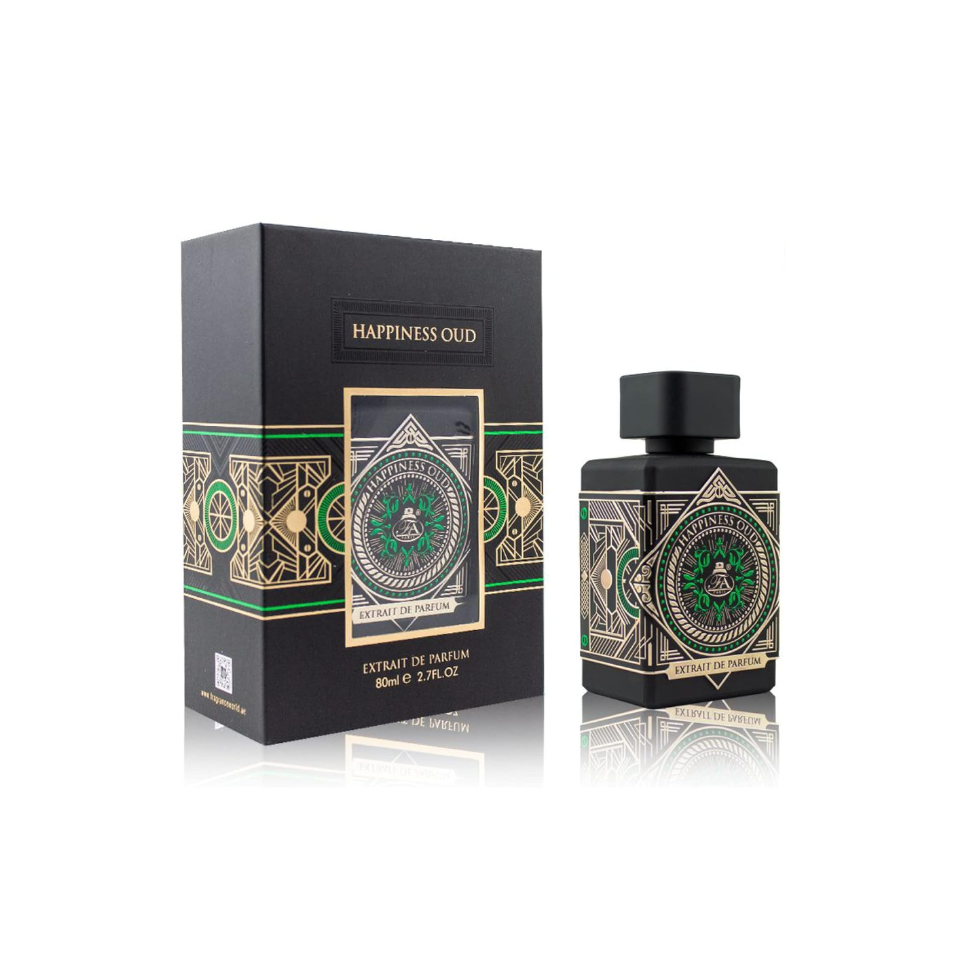 Fragrance World French Avenue Happiness Oud Extrait De Parfum 80ml bottle for men and women with elegant packaging.