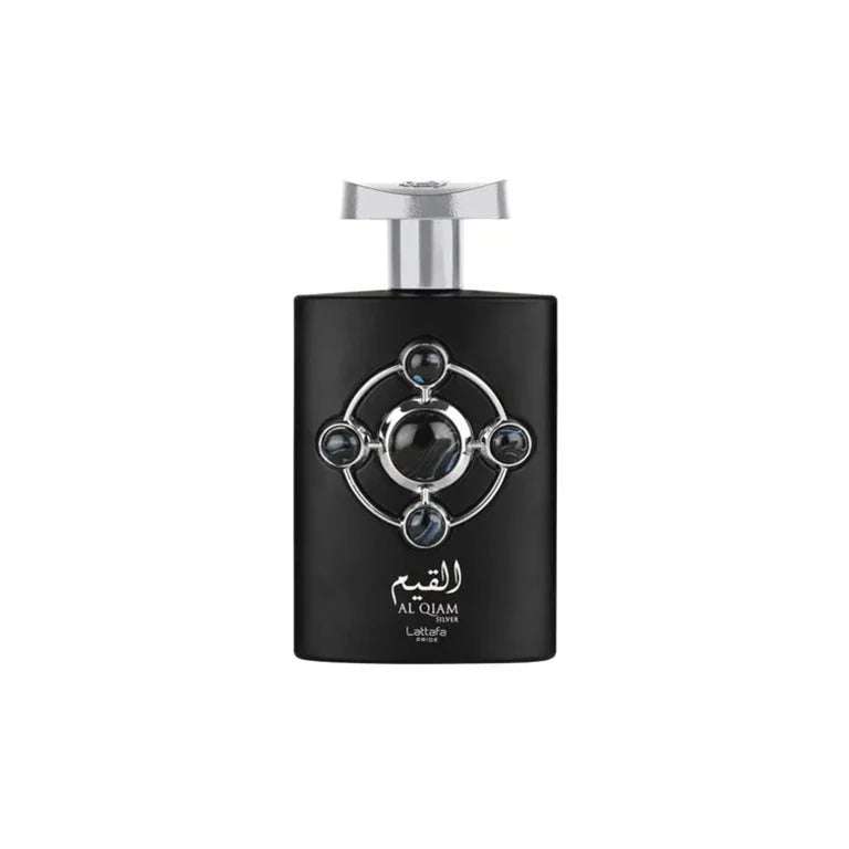 Lattafa Pride Al Qiam Silver perfume bottle, 100ml, for men and women, elegant silver design, luxurious fragrance.