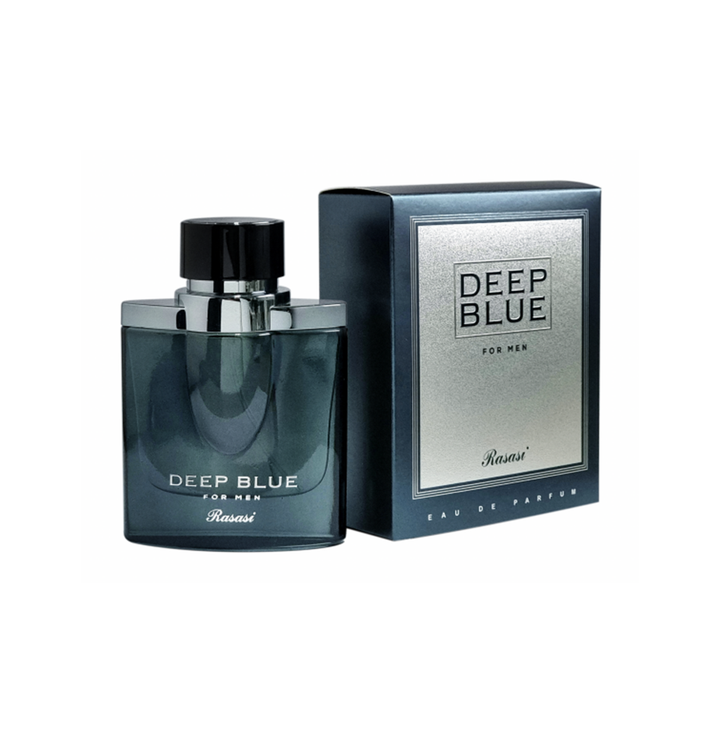 Rasasi Deep Blue Eau De Parfum 100ml for men, featuring a sleek blue bottle with silver accents and a modern fragrance design.