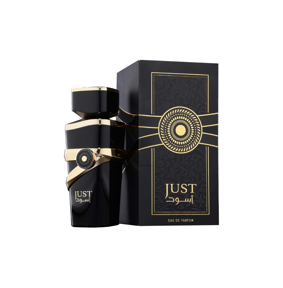 Fragrance World Just Aswad Eau de Parfum for men, 100ml bottle with sleek black design and elegant label.