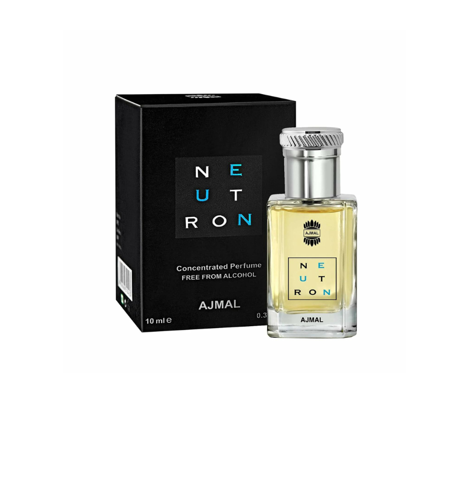 Ajmal Neutron concentrated perfume oil for men with sleek bottle, showcasing a modern scent for masculine fragrance.