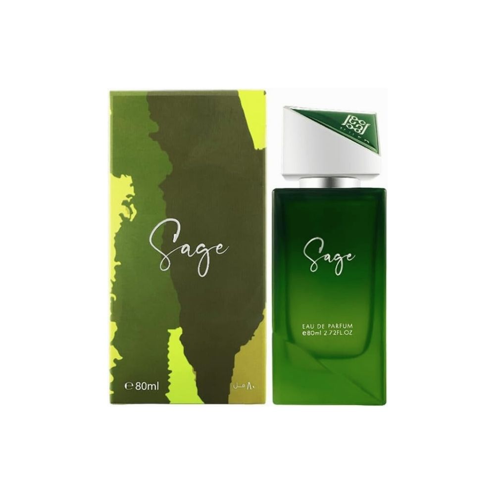 Ahmed Al Maghribi Sage Eau de Parfum 80ml for men and women, featuring elegant bottle with green and gold accents.
