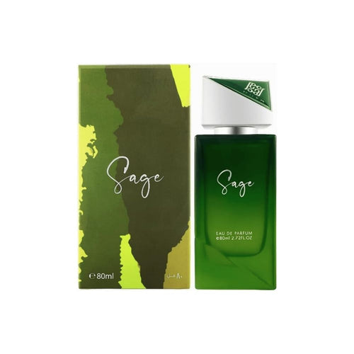 Ahmed Al Maghribi Sage Eau de Parfum 80ml for men and women, featuring elegant bottle with green and gold accents.