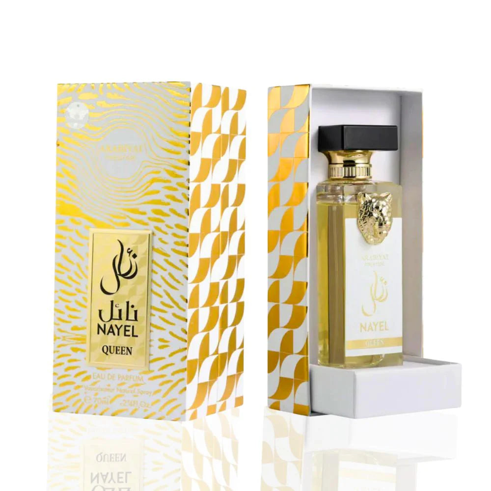Arabiyat Prestige Nayel Queen Eau de Parfum 70ml for women, featuring elegant glass bottle and floral fragrance details.