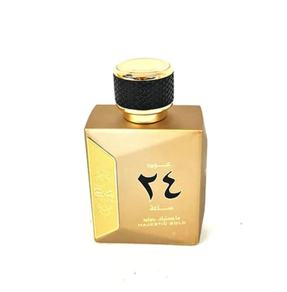 Ard Al Zaafaran Oud 24 Hours Majestic Gold perfume bottle for men and women, 100ml, with a luxurious gold design.