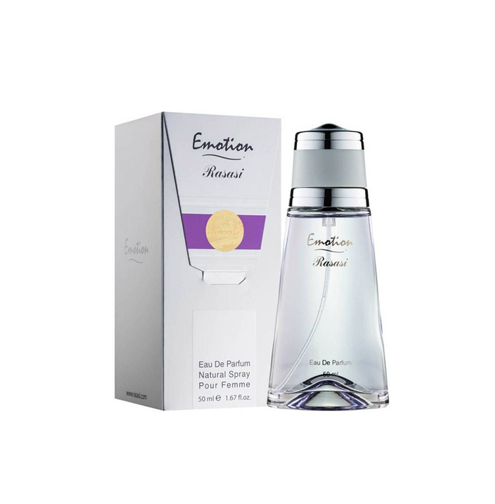 Rasasi Emotion EDP perfume bottle for women, 50ml, with elegant packaging and a floral, feminine fragrance design.