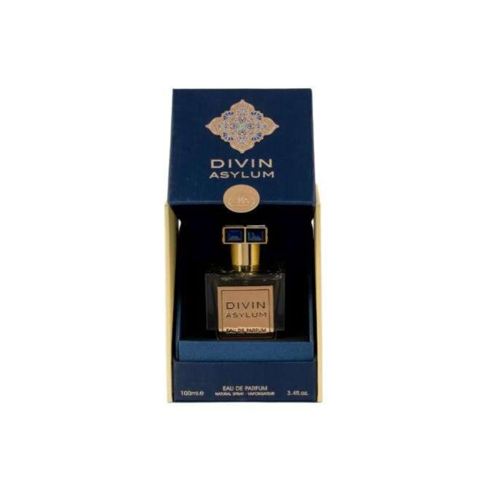 Fragrance World Divin Asylum Eau de Parfum 100ml bottle, unisex perfume with elegant packaging and sleek design.