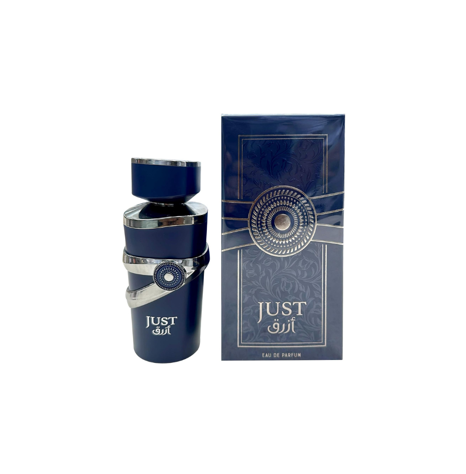 Fragrance World Just Azraq Eau de Parfum for Men, 100ml bottle, sleek design with dark-colored perfume liquid inside.