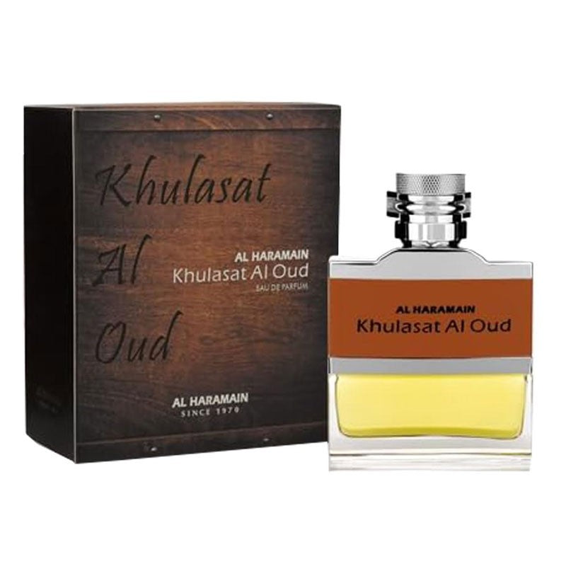 Al Haramain Khulasat Al Oud Eau de Parfum 100ml bottle with elegant packaging, suitable for men and women.