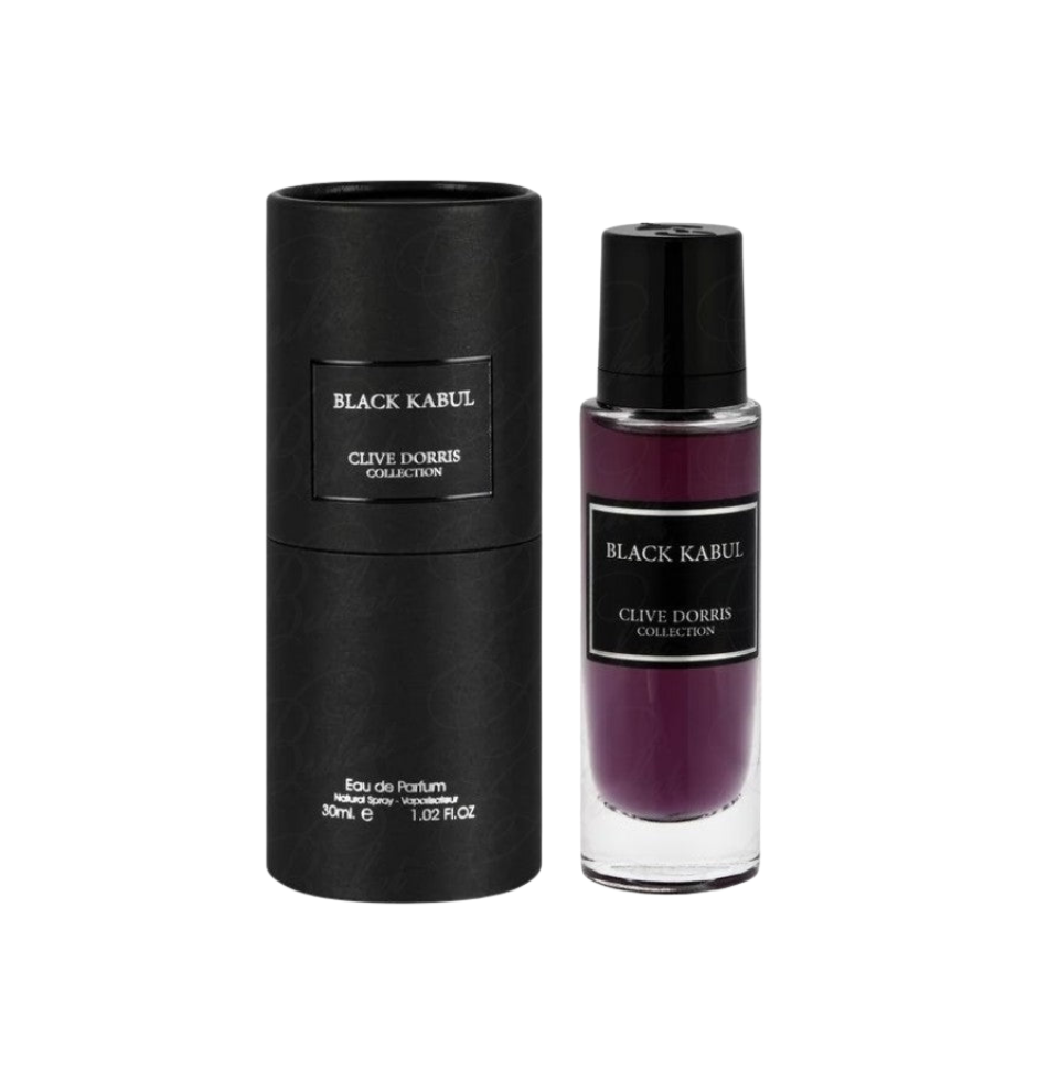 Fragrance World Clive Dorris Black Kabul Eau de Parfum 30ml for men and women, featuring a sleek dark bottle and elegant design.