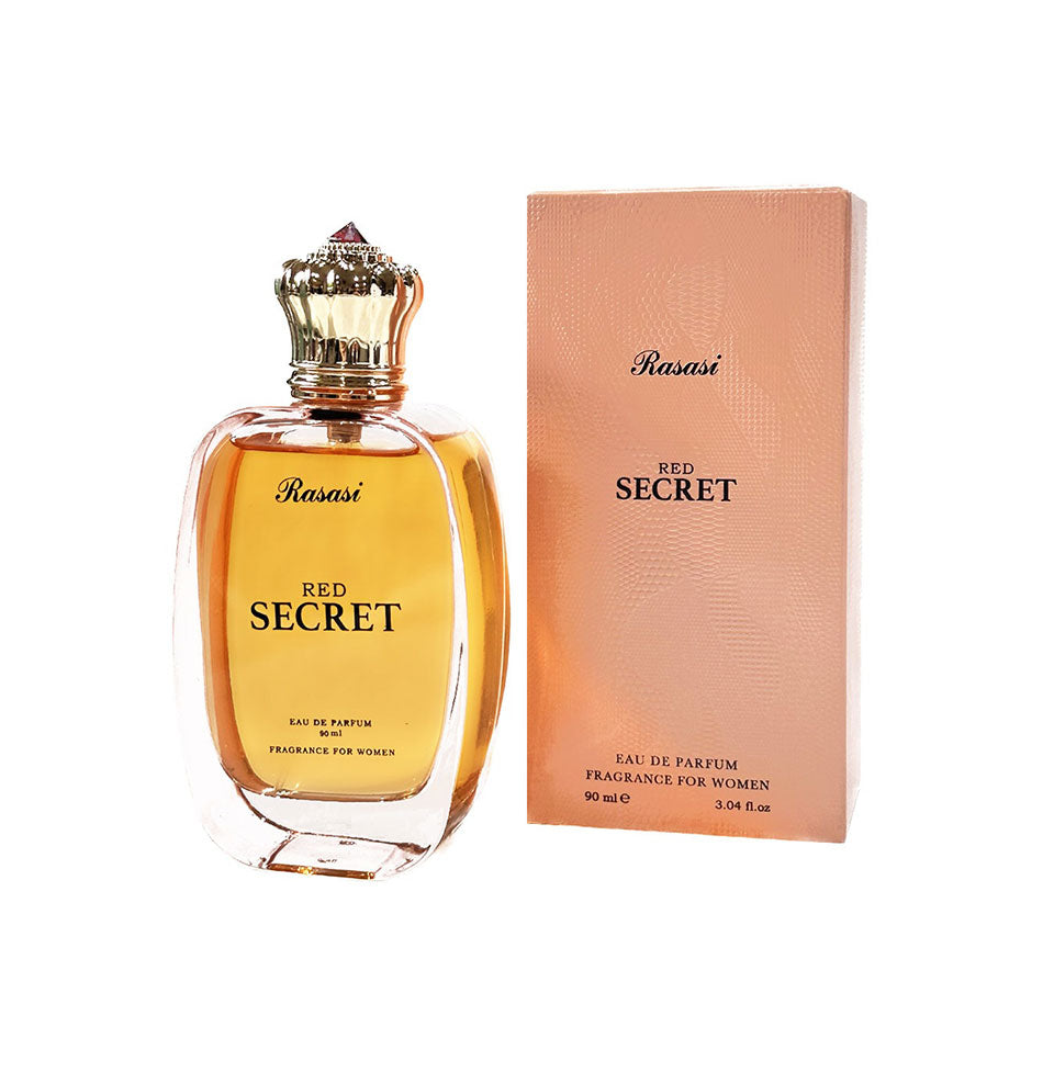 Rasasi Red Secret Pour Femme Eau de Parfum for women, 100ml bottle with elegant red and gold packaging, floral and fruity scent.