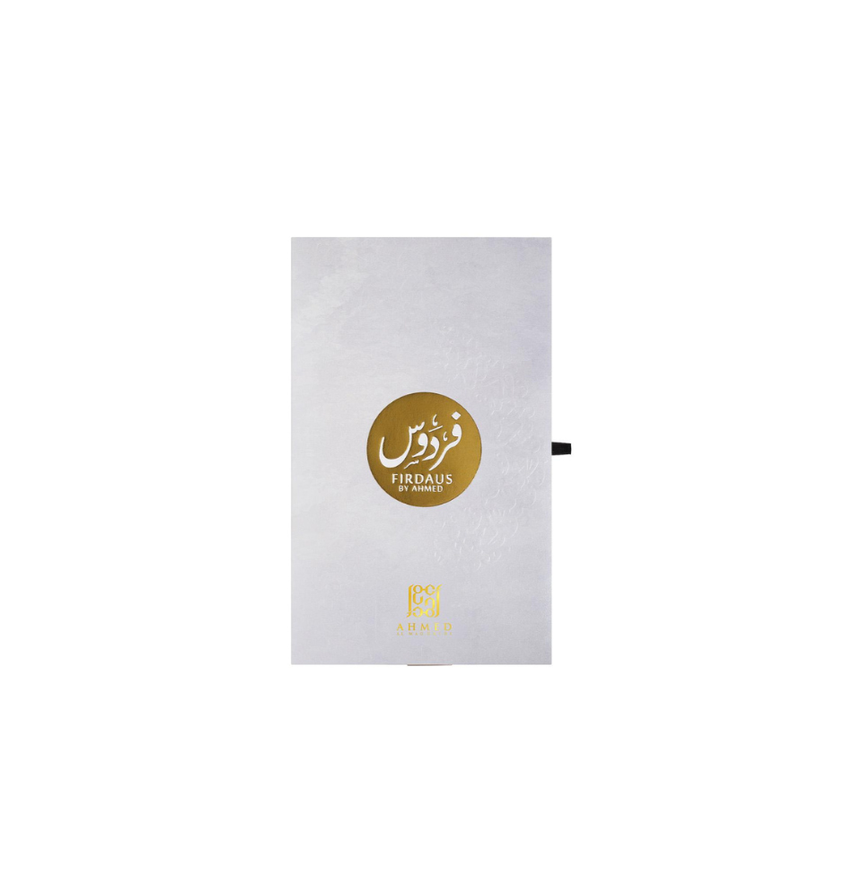 Ahmed Al Maghribi Firdaus concentrated perfume oil (attar) 15ml for men and women, featuring a sleek glass bottle with elegant design.