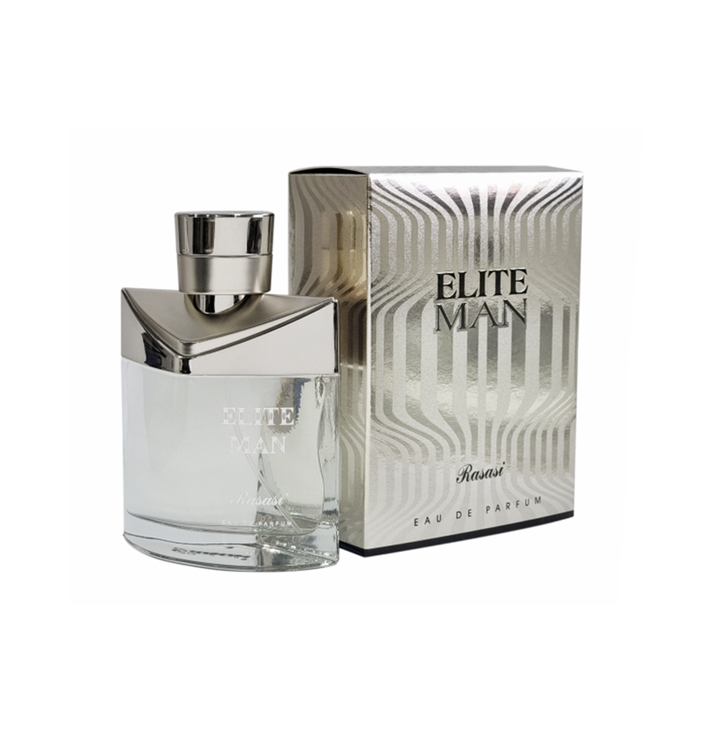 Rasasi Elite Man Eau De Parfum bottle with sleek black and gold design, 100ml size, for elegant men's fragrance.