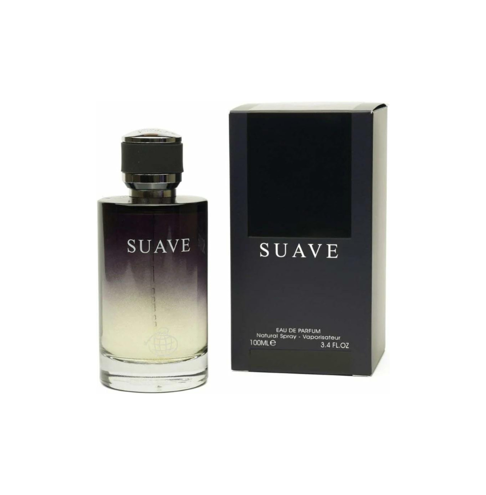 Fragrance World Suave Pour Homme Eau de Parfum 100ml bottle with sleek design and minimalist label, for men's fragrance.