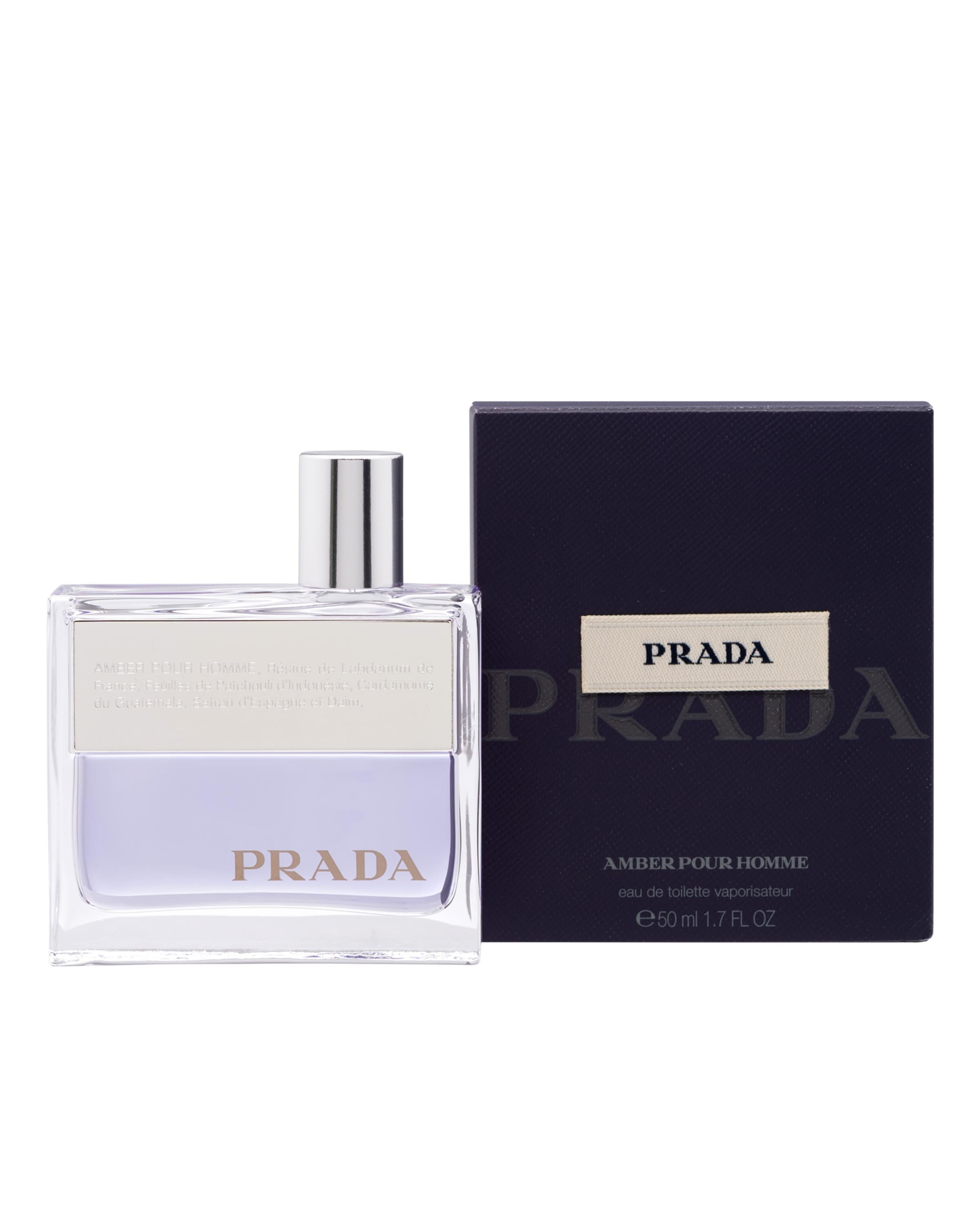 Prada Amber Pour Homme Eau De Toilette bottle with 100ml size and elegant amber-colored liquid inside.