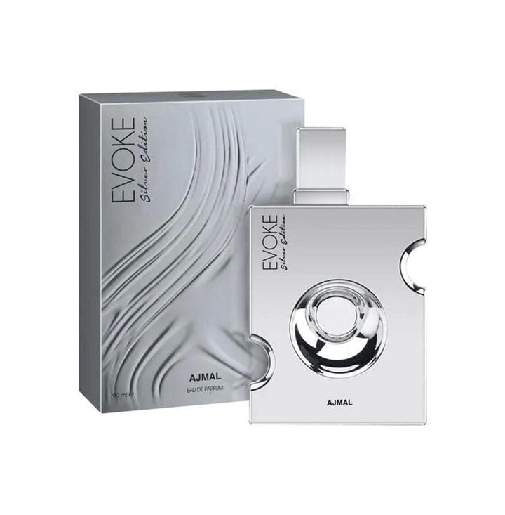 Ajmal Evoke Silver Edition Eau De Parfum for Men bottle with silver accents and sleek design, displayed on a neutral background.