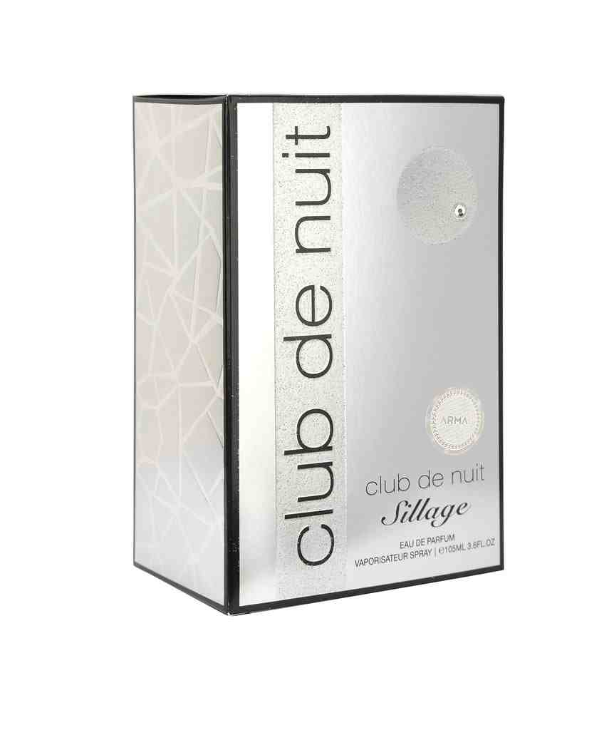 Armaf Club De Nuit Sillage Eau De Parfum 105ml bottle with sleek black and gold design, displayed on a reflective surface.