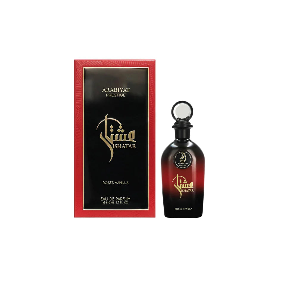 Arabiyat Prestige Ishatar Roses Vanilla Eau De Parfum 110ml for man and woman, with elegant floral and vanilla scent in a sleek bottle
