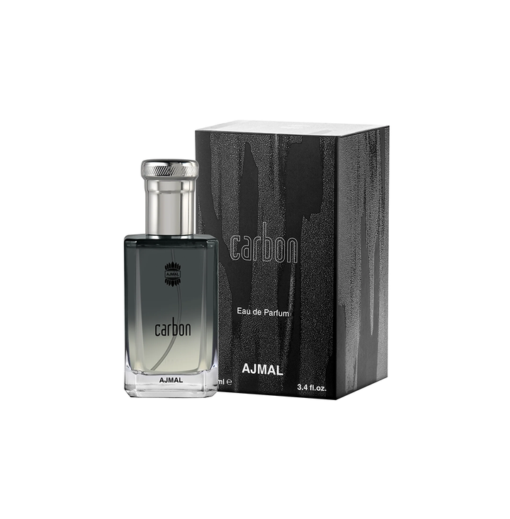 Ajmal Carbon Eau De Parfum for men, 100ML bottle with sleek black and silver design, showcasing the fragrance packaging.