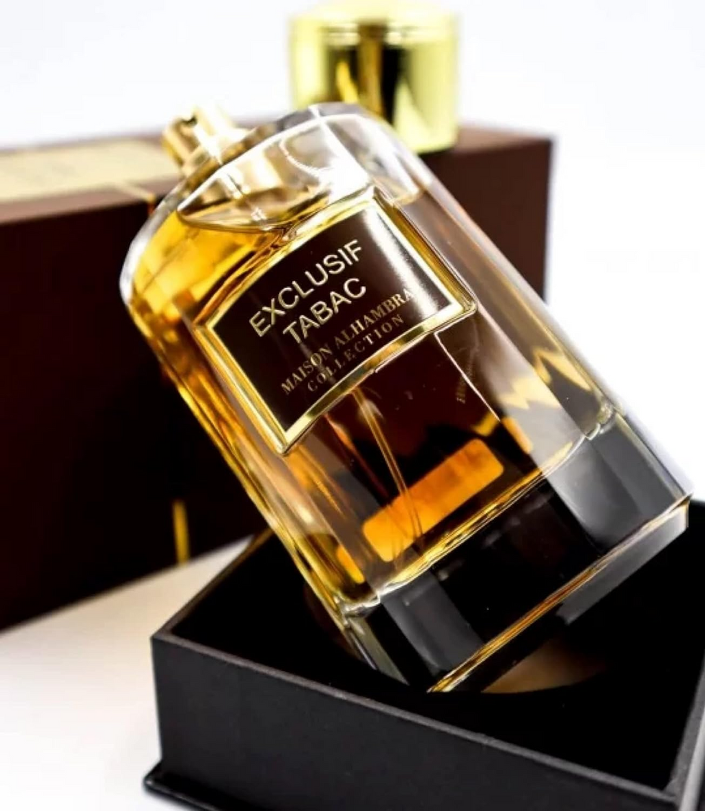 Alhambra Exclusif Tabac 100ml perfume bottle with a sleek design and dark tobacco-colored accents.