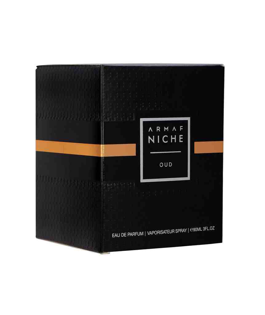 Armaf Niche Oud Edp 90ml bottle with elegant packaging, showcasing the luxurious fragrance and dark-colored perfume liquid.