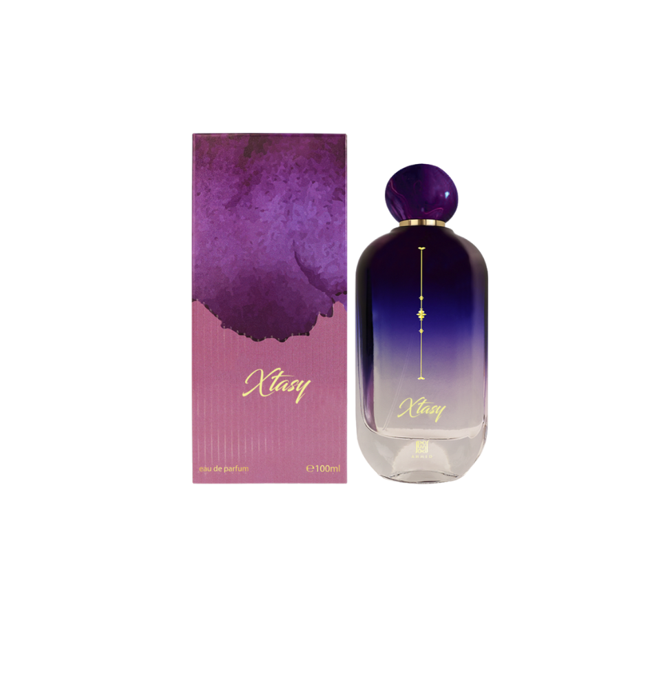 Ahmed Al Maghribi Xtasy Eau de Parfum 100ml for men and women, featuring elegant perfume bottle and branding.