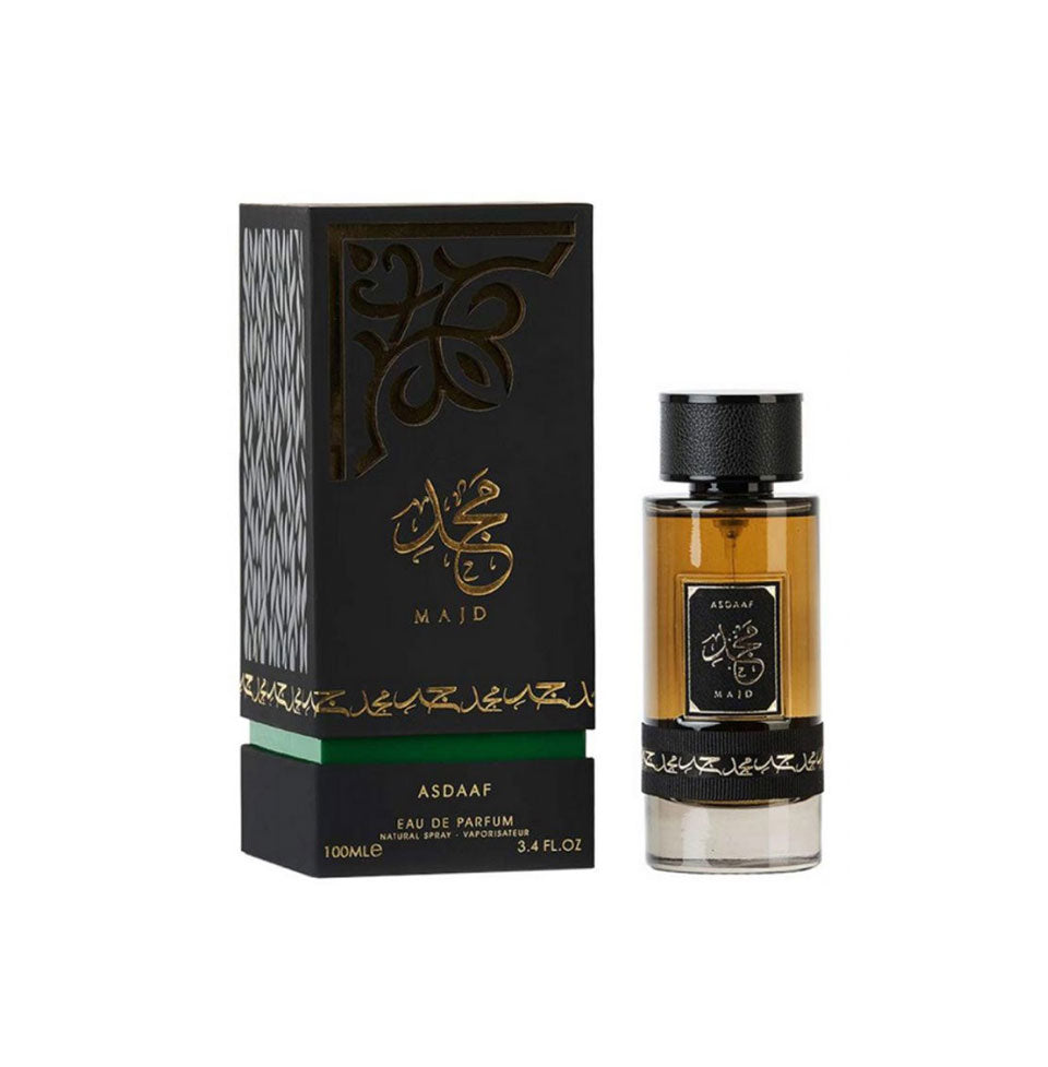 Lattafa Asdaaf Majd Eau De Parfum 100ml for men and women, featuring elegant fragrance bottle and floral design.