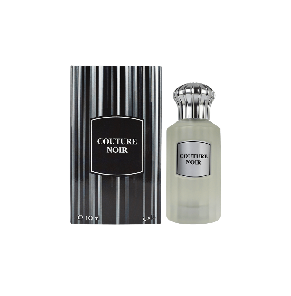 Ahmed Al Maghribi Couture Noir Eau de Parfum 100ml for men and women, elegant black bottle with gold accents.