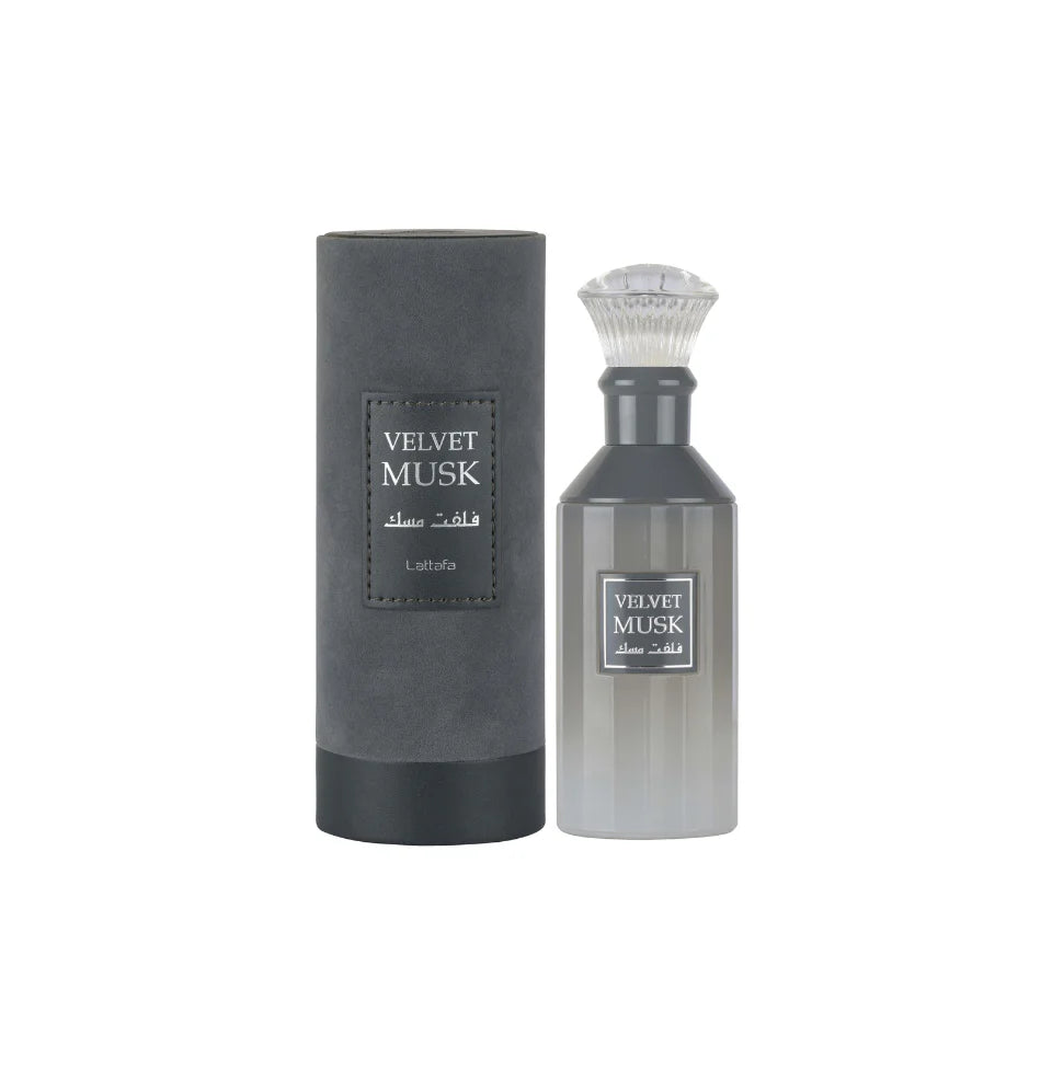 Lattafa Velvet Musk Eau De Parfum 100ml for men and women, featuring elegant perfume bottle with a luxurious design.